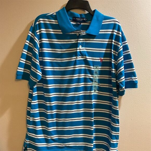 U.S. Polo Assn. Men's M Blue/White Striped Short Sleeve Polo Shirt Collared​​ - Picture 1 of 4